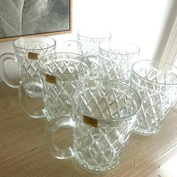 Vintage 1970's Paul Sebastian Diamond Cut Fine Crystal SET OF 6 Lead Mugs 12 oz - Picture 2 of 6